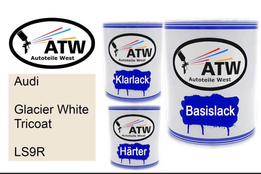 Audi, Glacier White Tricoat, LS9R: 1L Lackdose + 1L Klarlack + 500ml Härter - Set, von ATW Autoteile West.